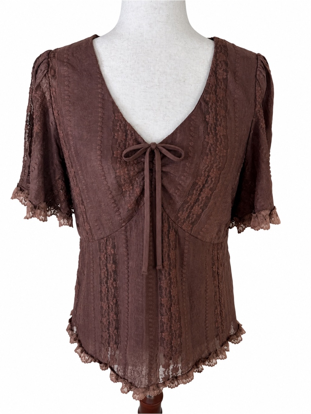 Daytrip Buckle Floral Lace Flutter Sleeve Top Aragon Brown Y2K Boho L